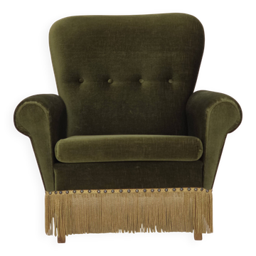 1970s, Danish lounge chair, high, furniture velour, ash wood legs.