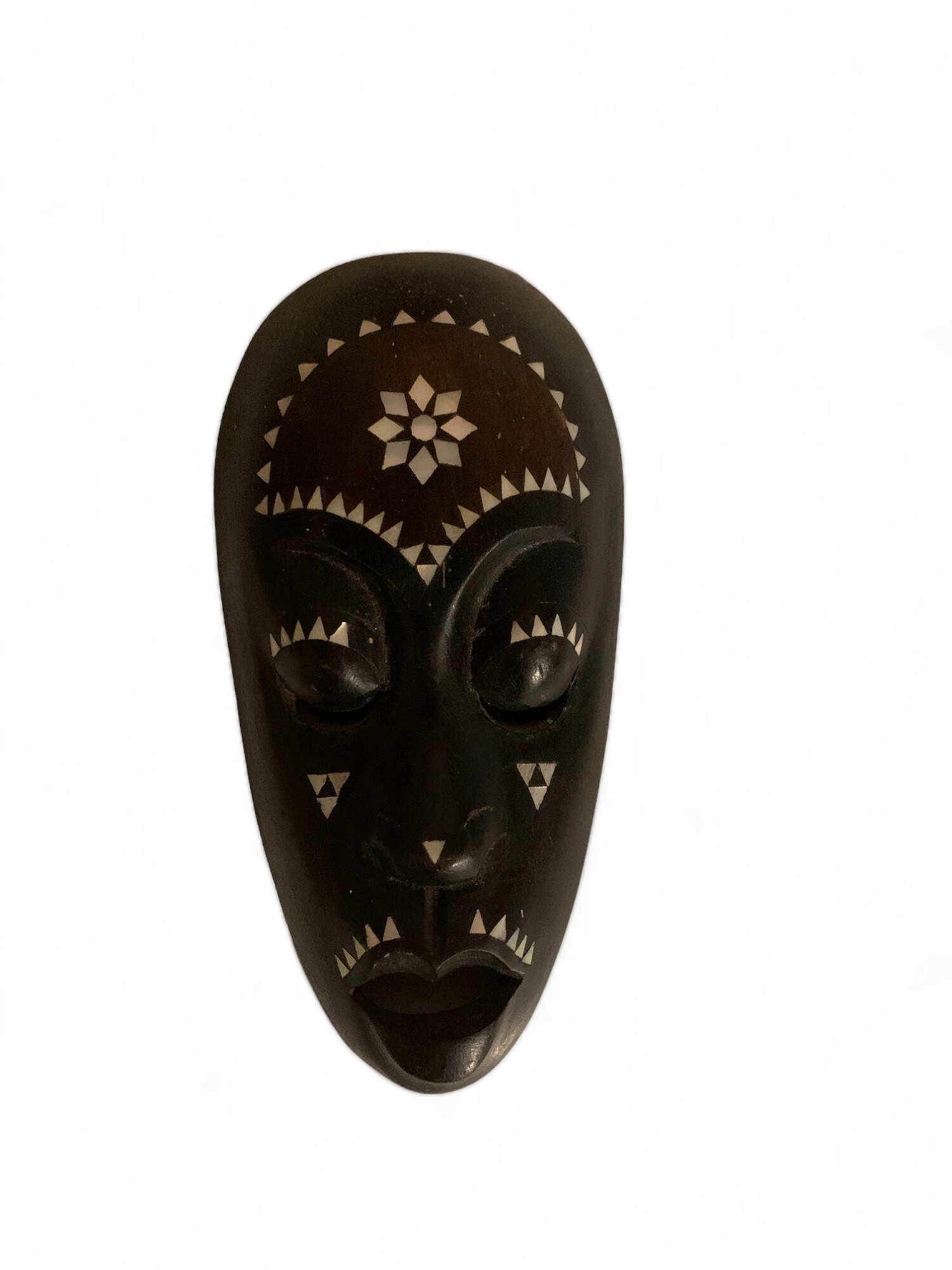 Africa mask in shell wood inlaid Ivory Coast Baoulé African art 1989 old vintage