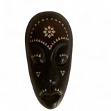 Africa mask in shell wood inlaid Ivory Coast Baoulé African art 1989 old vintage