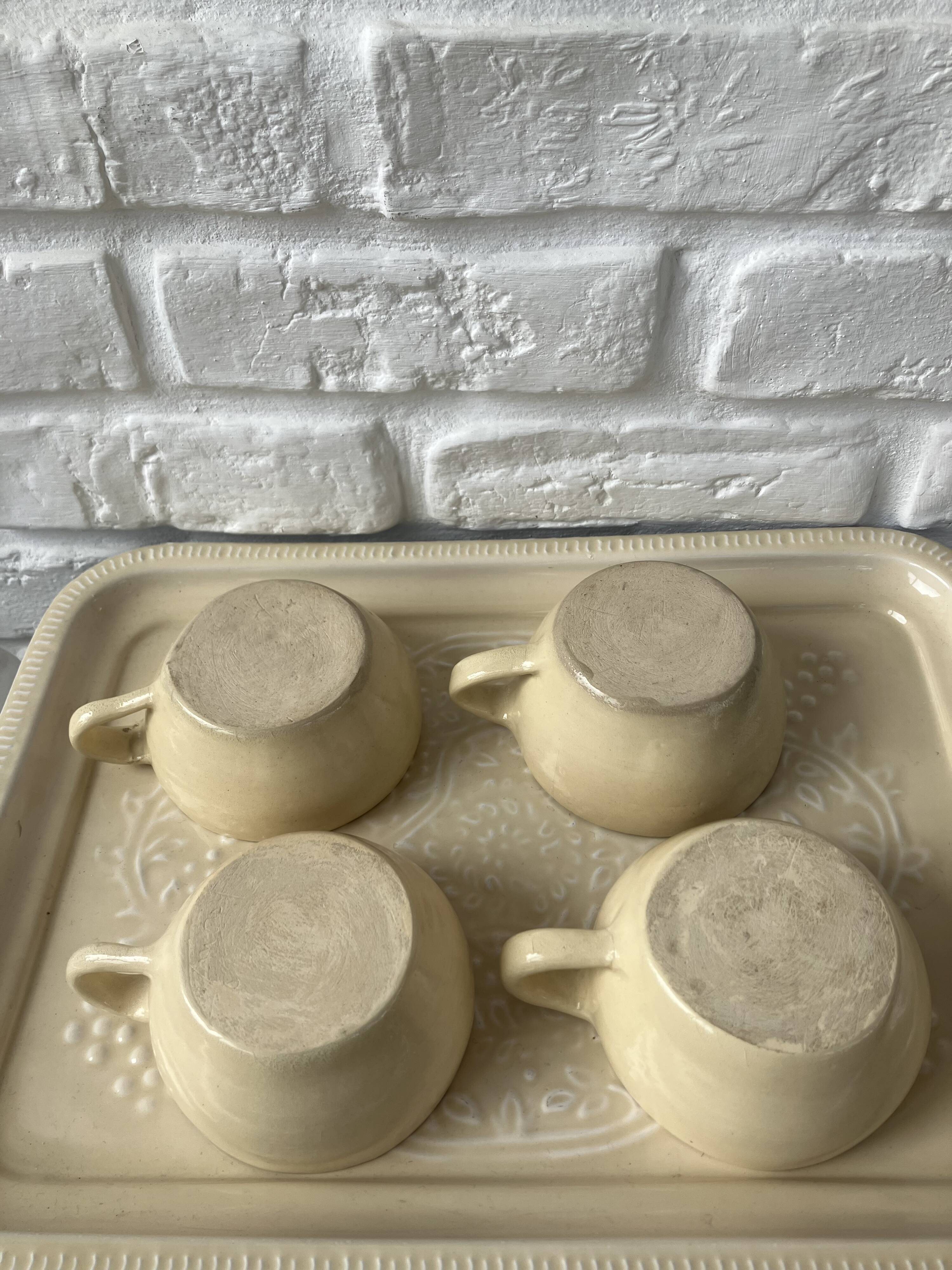 4 handcrafted beige & blue glazed earthenware cups
