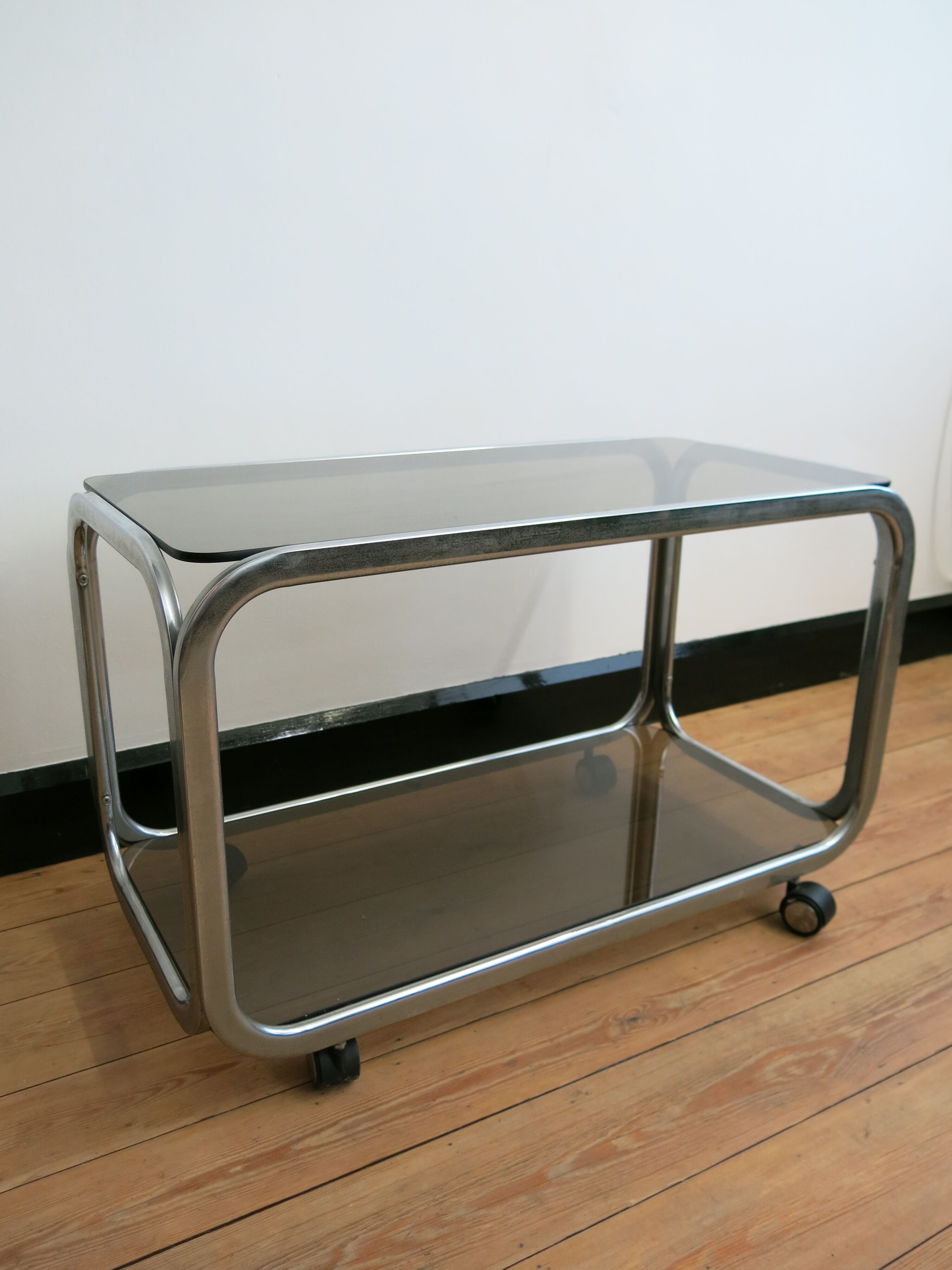 Space Age coffee table in smoked glass and chrome steel, 1970s