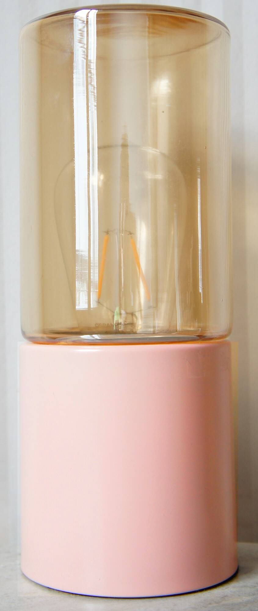 Pink metal cylinder lamp & iridescent glass