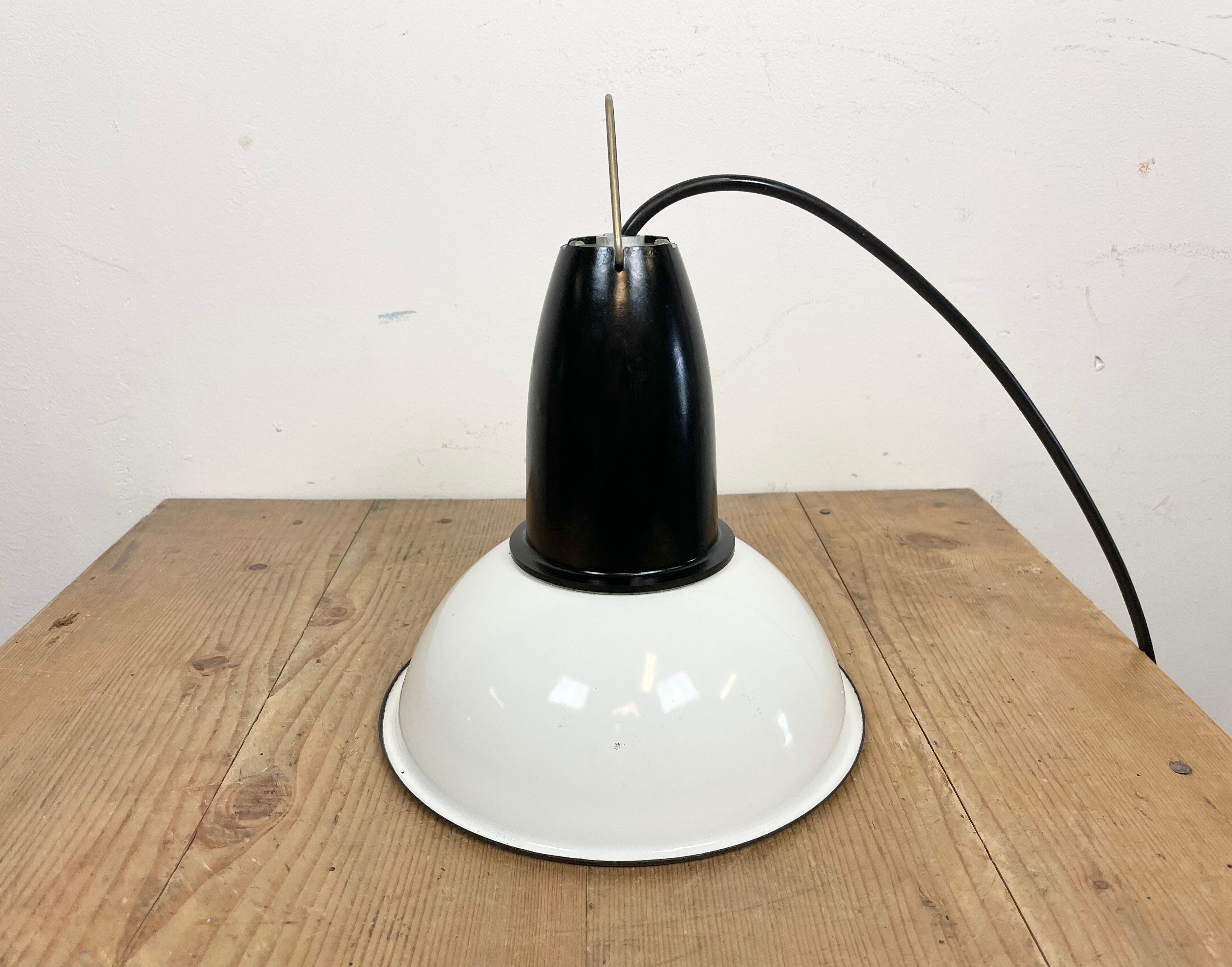 Industrial soviet white enamel pendant light, 1960s