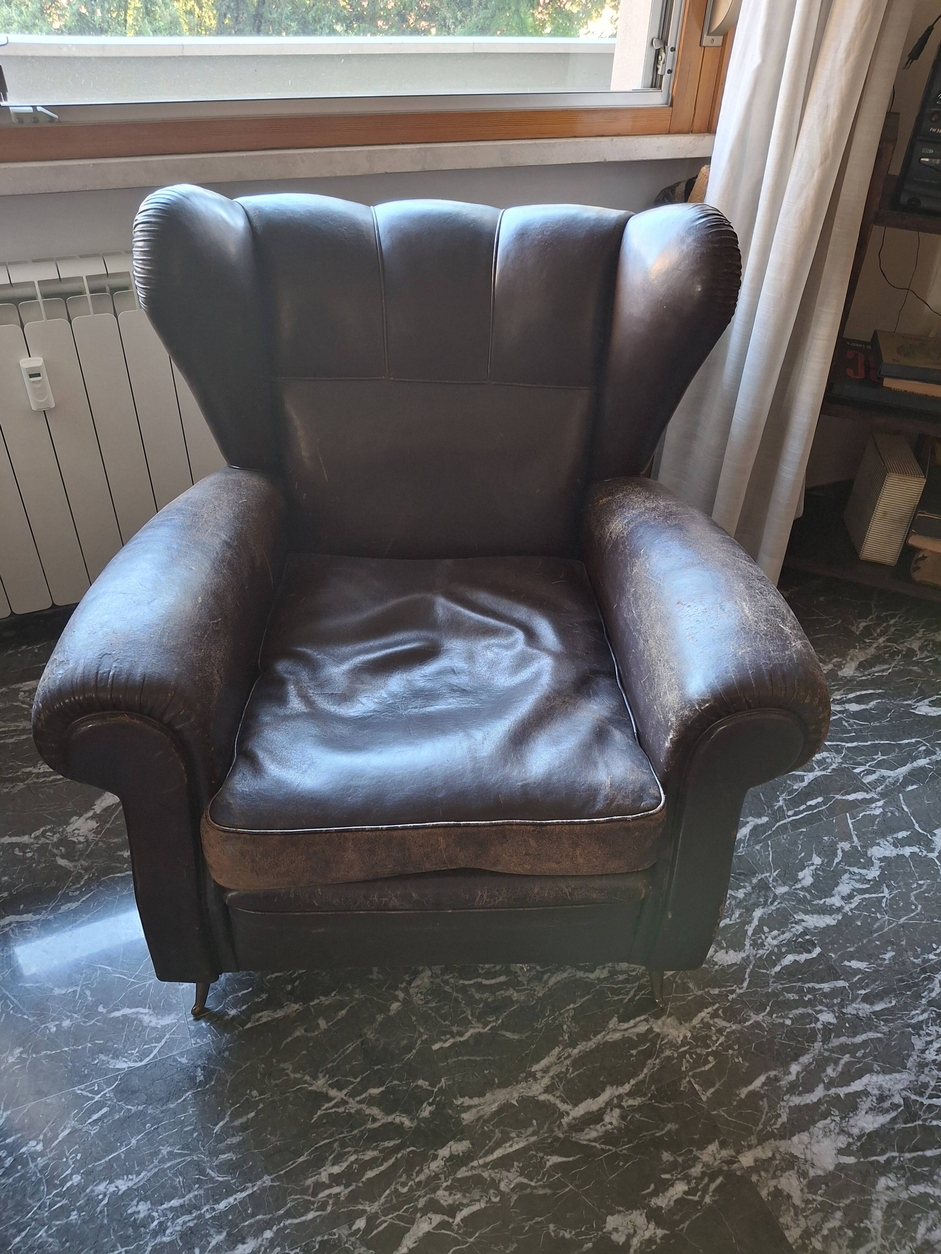 Italian leather bergère armchairs