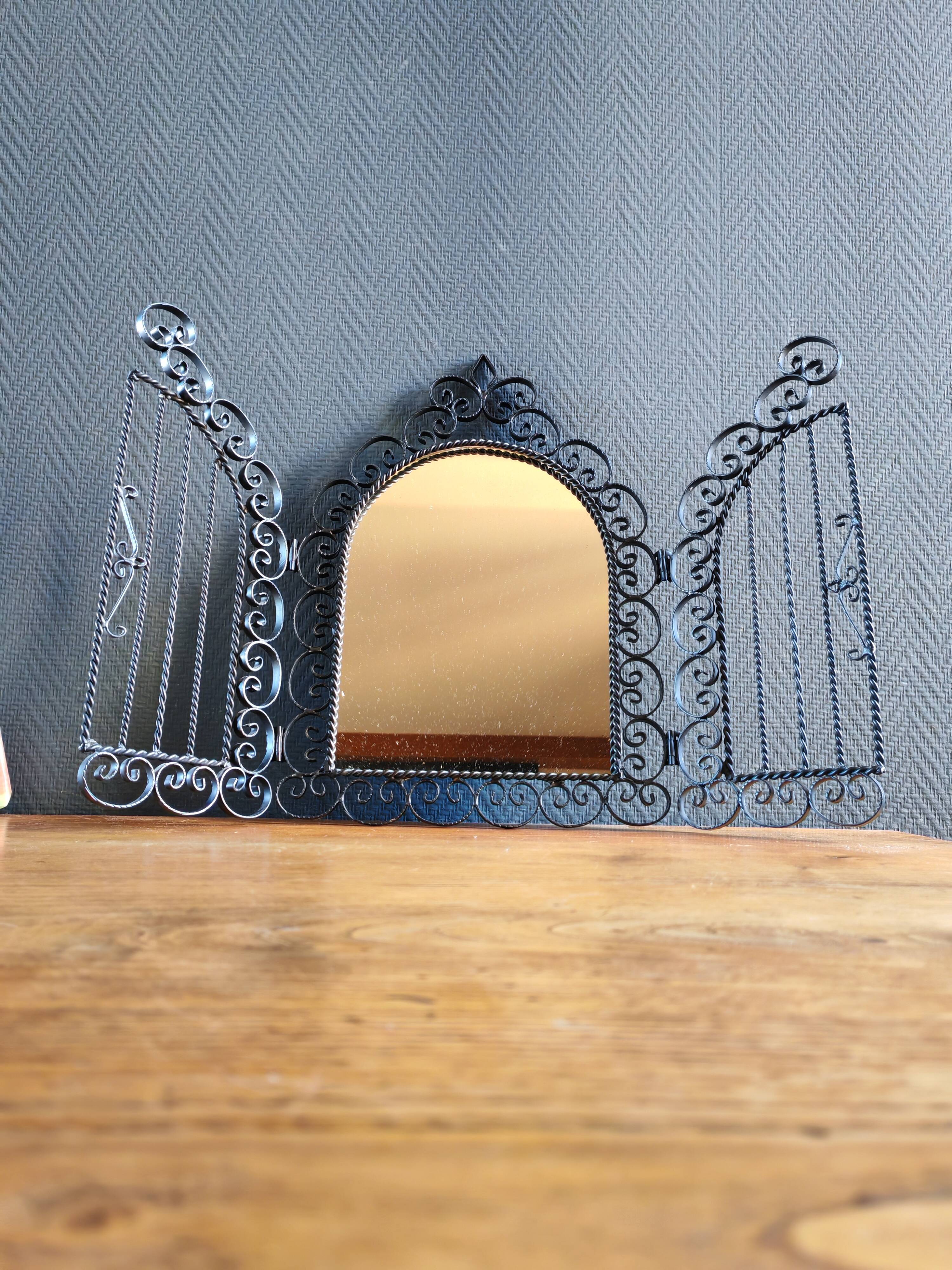 Vintage Black Wrought Iron Triptych Mirror