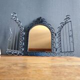 Vintage Black Wrought Iron Triptych Mirror