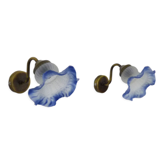 Pair of wall sconces gooseneck gilded metal, glass tulip glass, vintage. Year 60