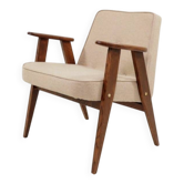 Fauteuil vintage, bois de chêne, tapisserie en laine, entièrement rénové.