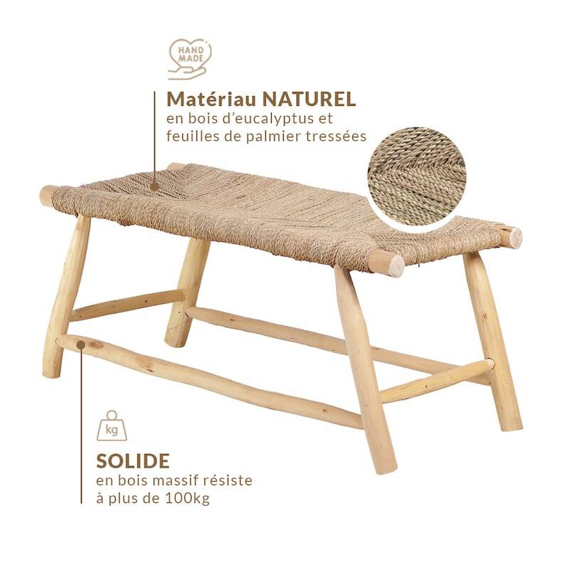 Moroccan handcrafted bench in wood and cord 100x40x40cm