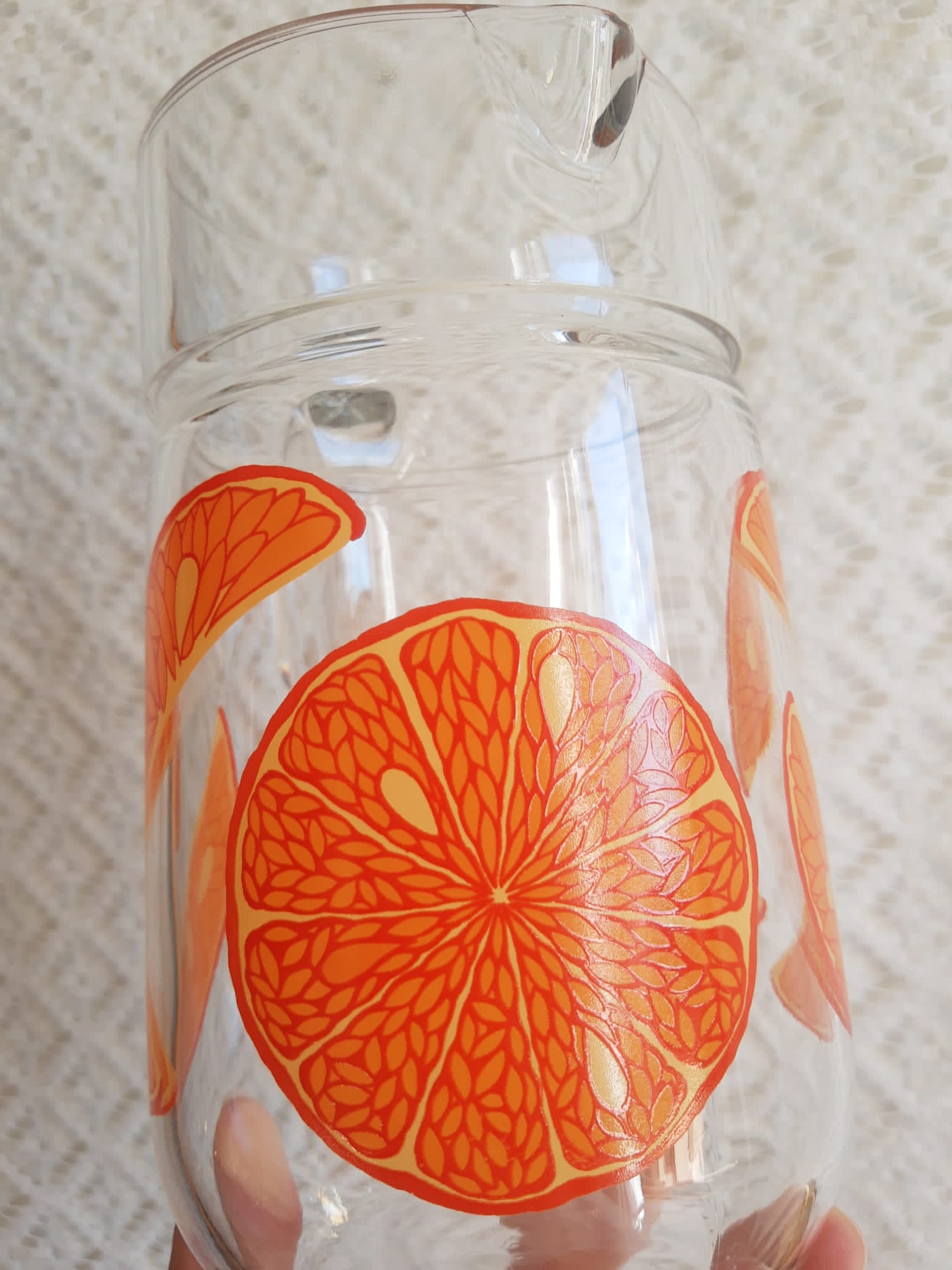 Vintage orange fruit pattern glass carafe