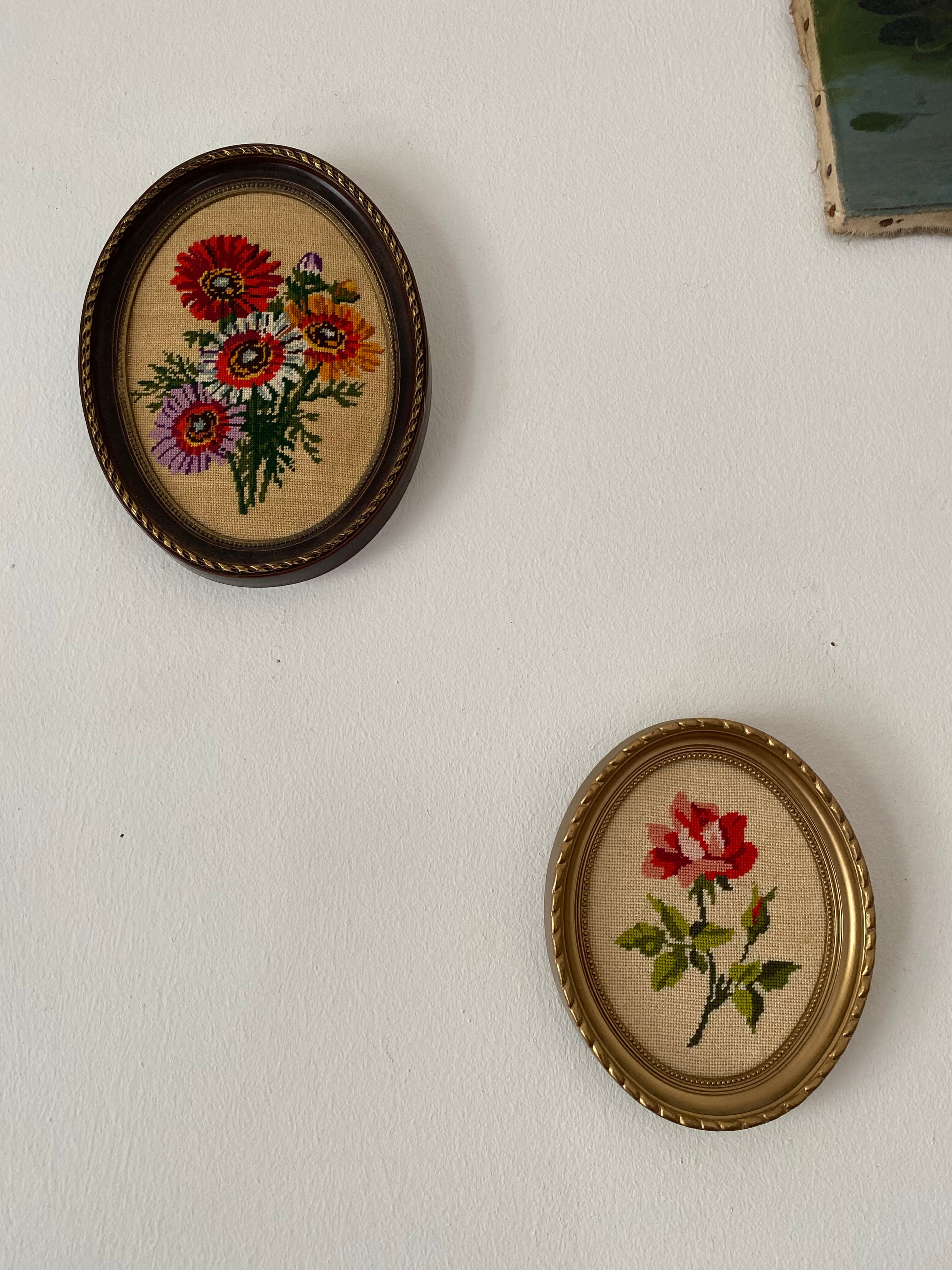 2 oval frames vintage floral embroidery
