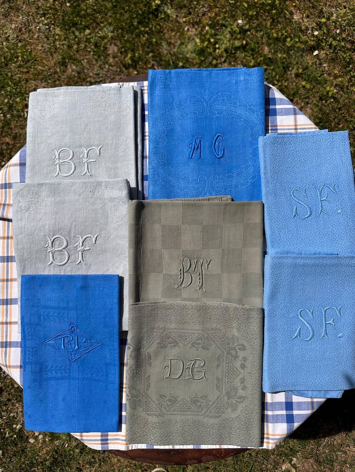 Old Mismatched Dyed Napkins - set of 8 - Embroidered Monograms