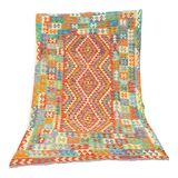Oriental kilim rug afghan colored red green multicolored