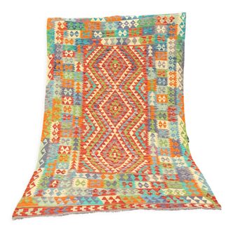 Oriental kilim rug afghan colored red green multicolored
