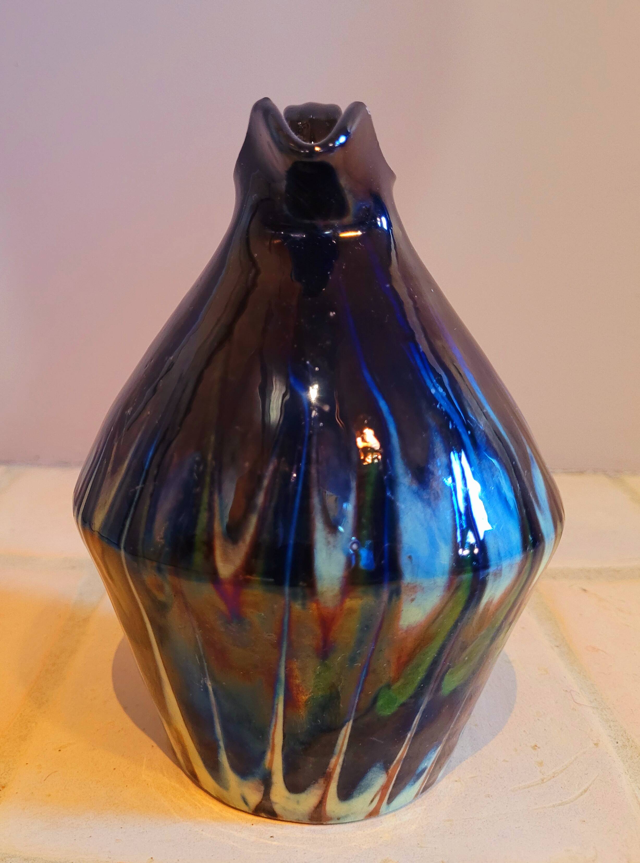 Antique pitcher carafe in midnight blue marbled ceramic