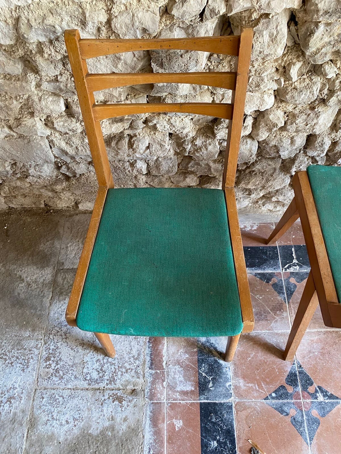 Vintage chairs 1950s/60s wood seat duck green fabric