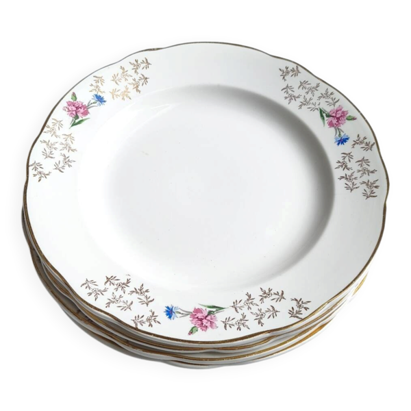 Lot de 4 assiettes plates Sarreguemines Béarn fleurs roses et dorures