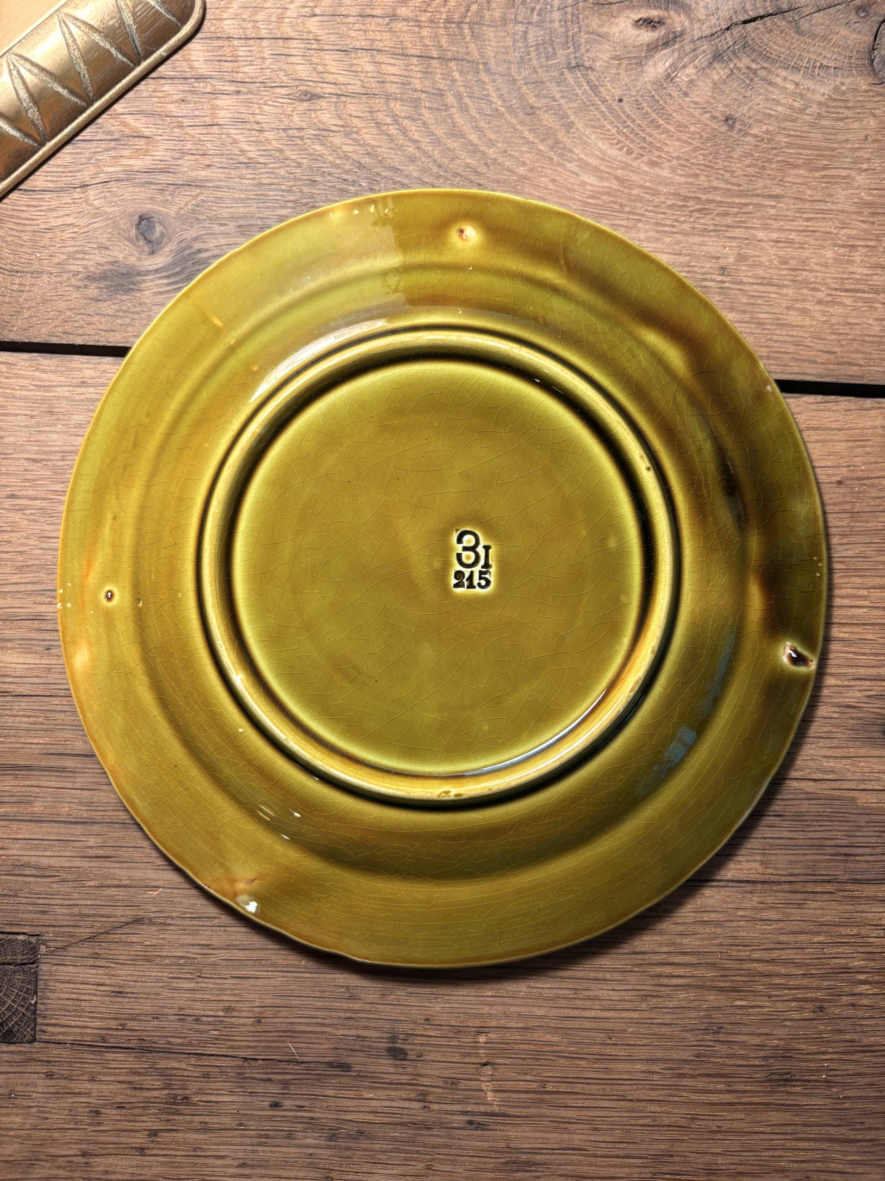 Antique molded earthenware plate – bird and wheat wheat decoration – barbotine style