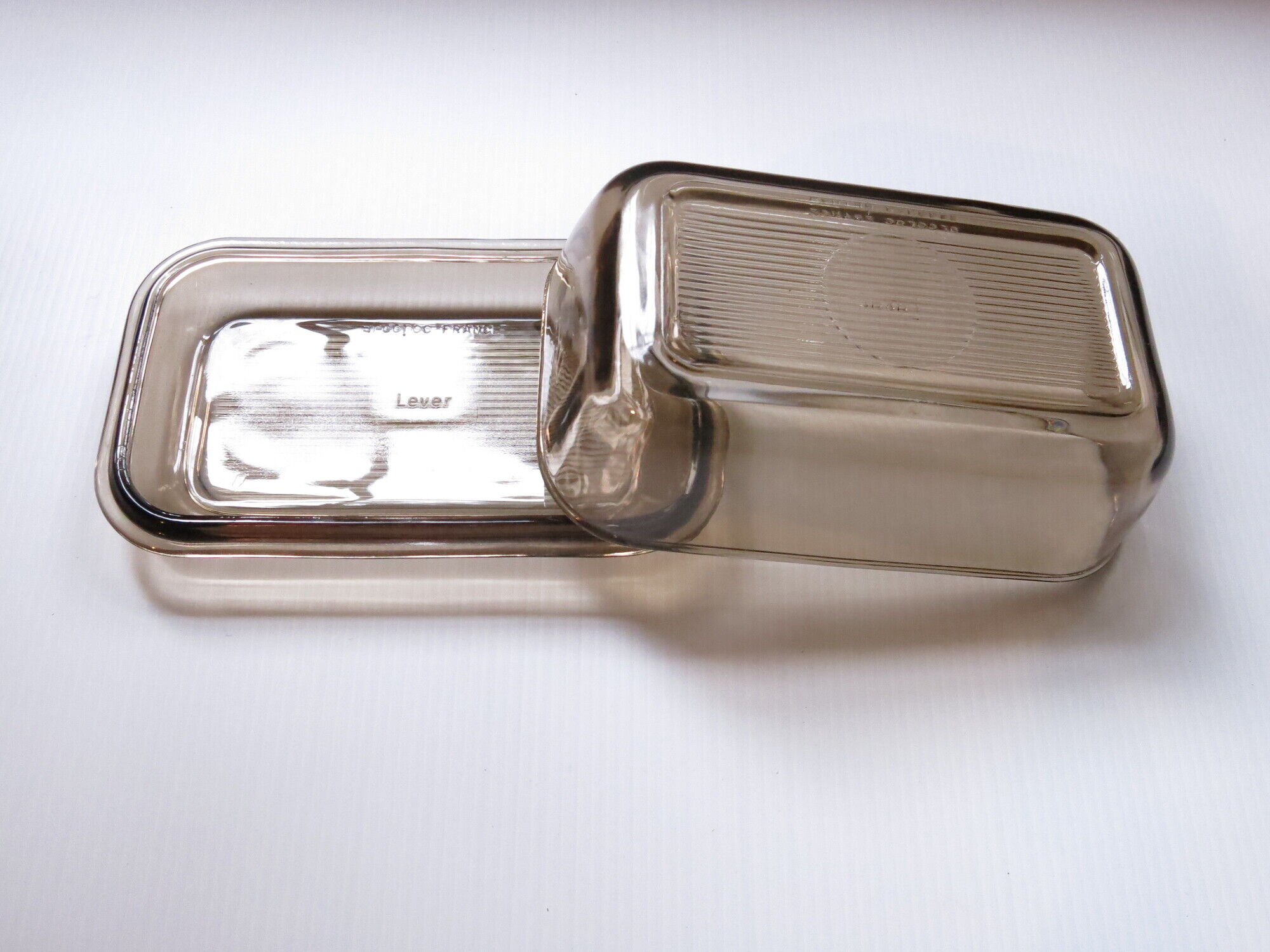 Black amber glass butter dish from lever