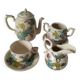 Japanese-style tea set in cracked earthenware with chrysanthemum flowers