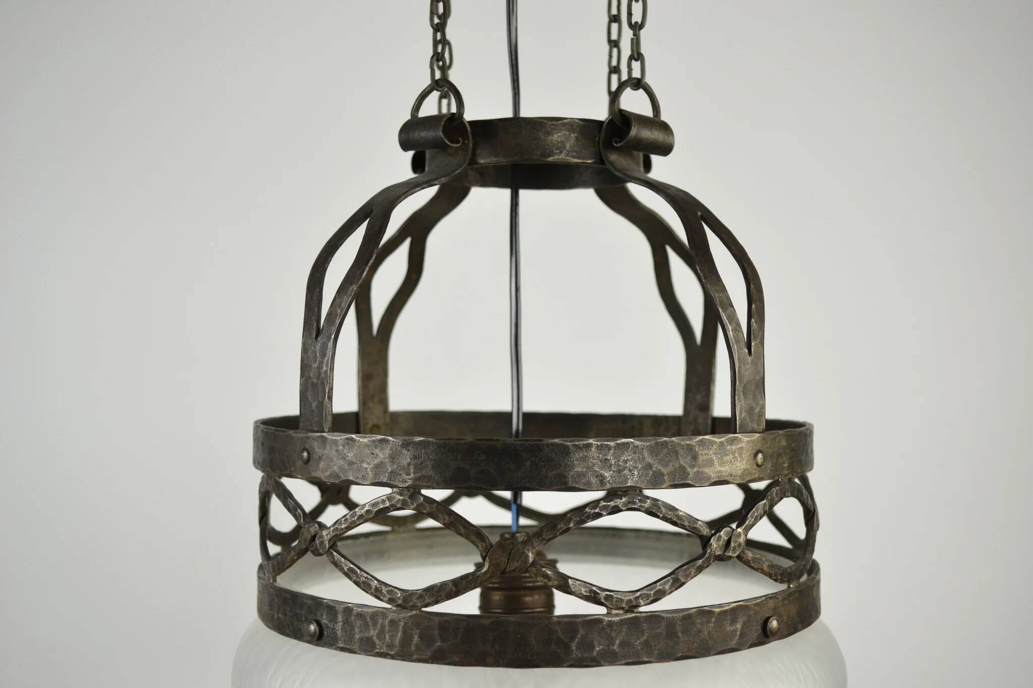 Ceiling lamp, hand-forged hammered iron with glass shade, early 20th century, Sweden