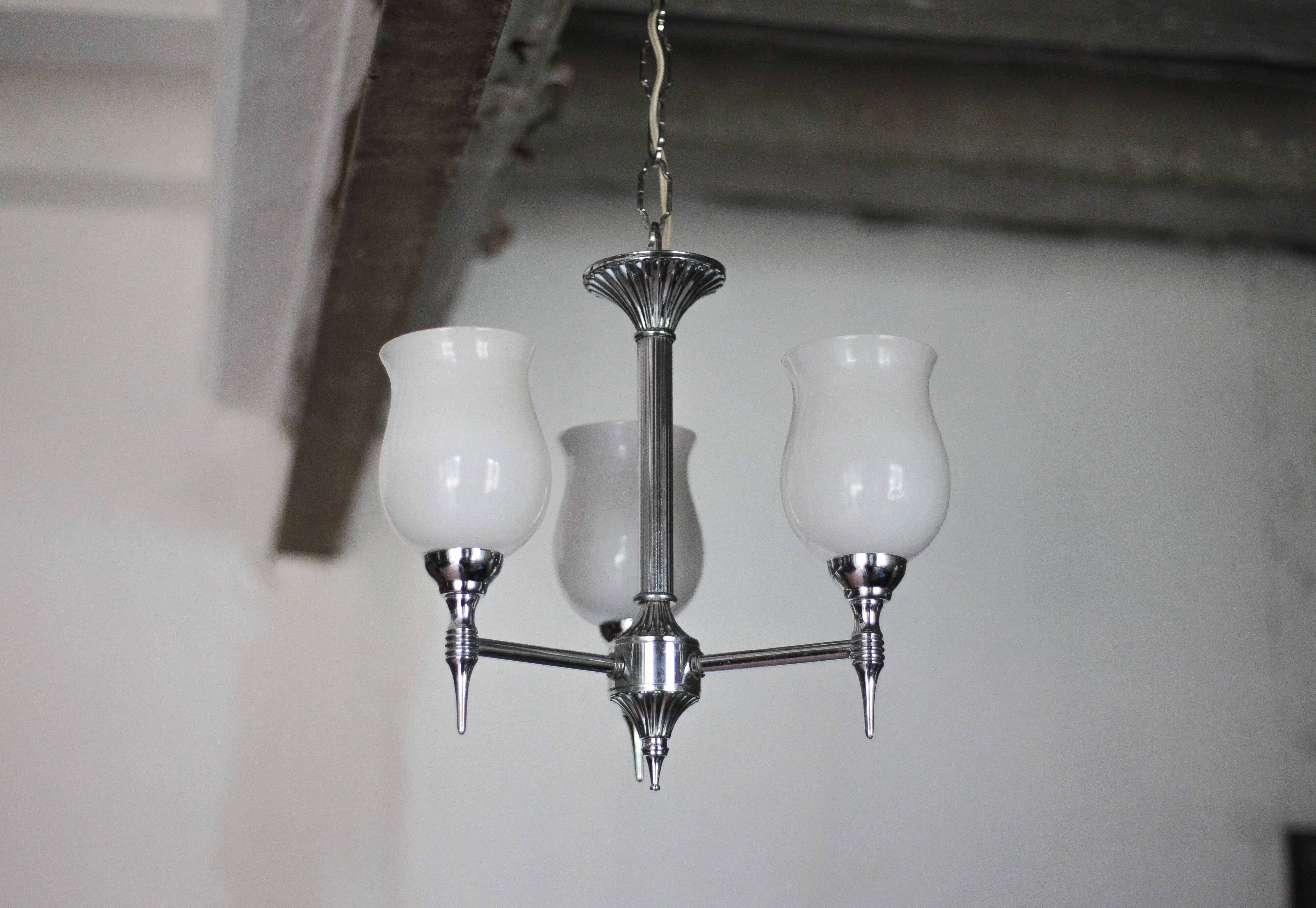 Vintage opaline pendant light, 3-light white opaline globe chandelier