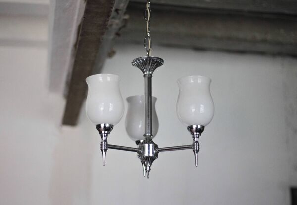 Suspension opaline vintage, lustre 3 feux globe opaline blanc