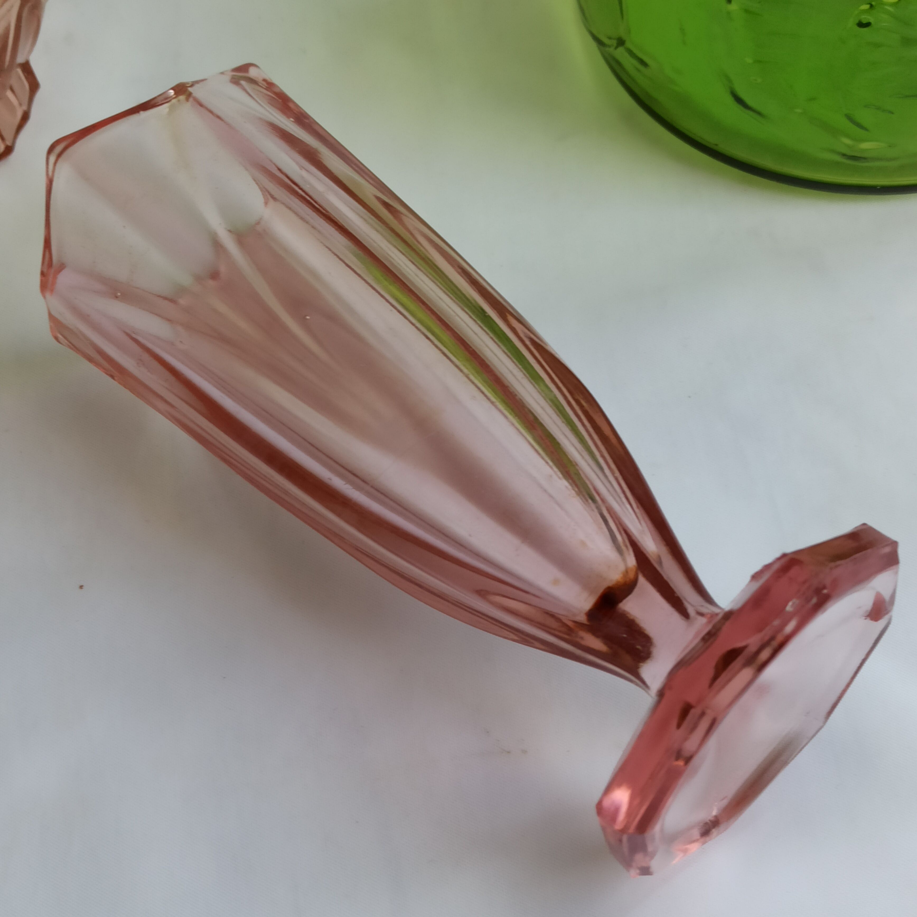 Pink Art Deco tulip vase in moulded glass
