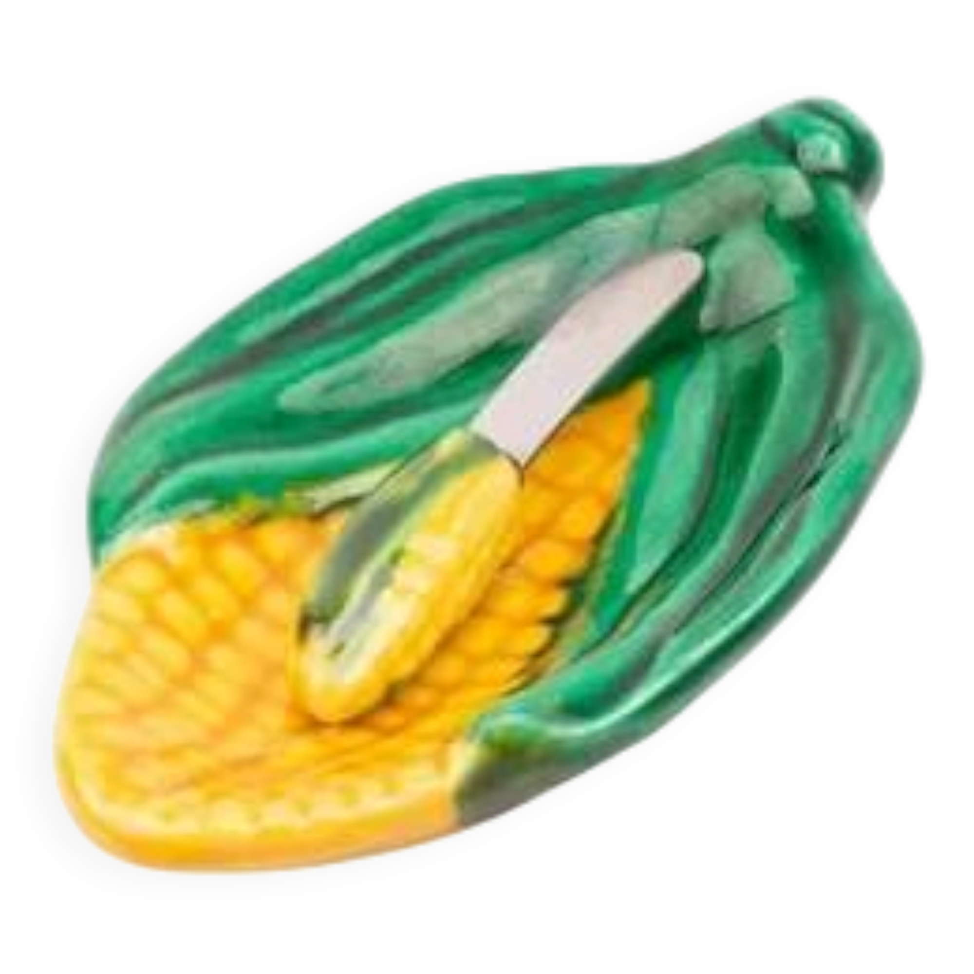 Vintage butter dish with corn cob design and its knife - Vallauris