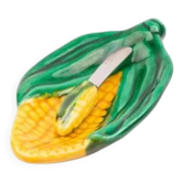 Vintage butter dish with corn cob design and its knife - Vallauris