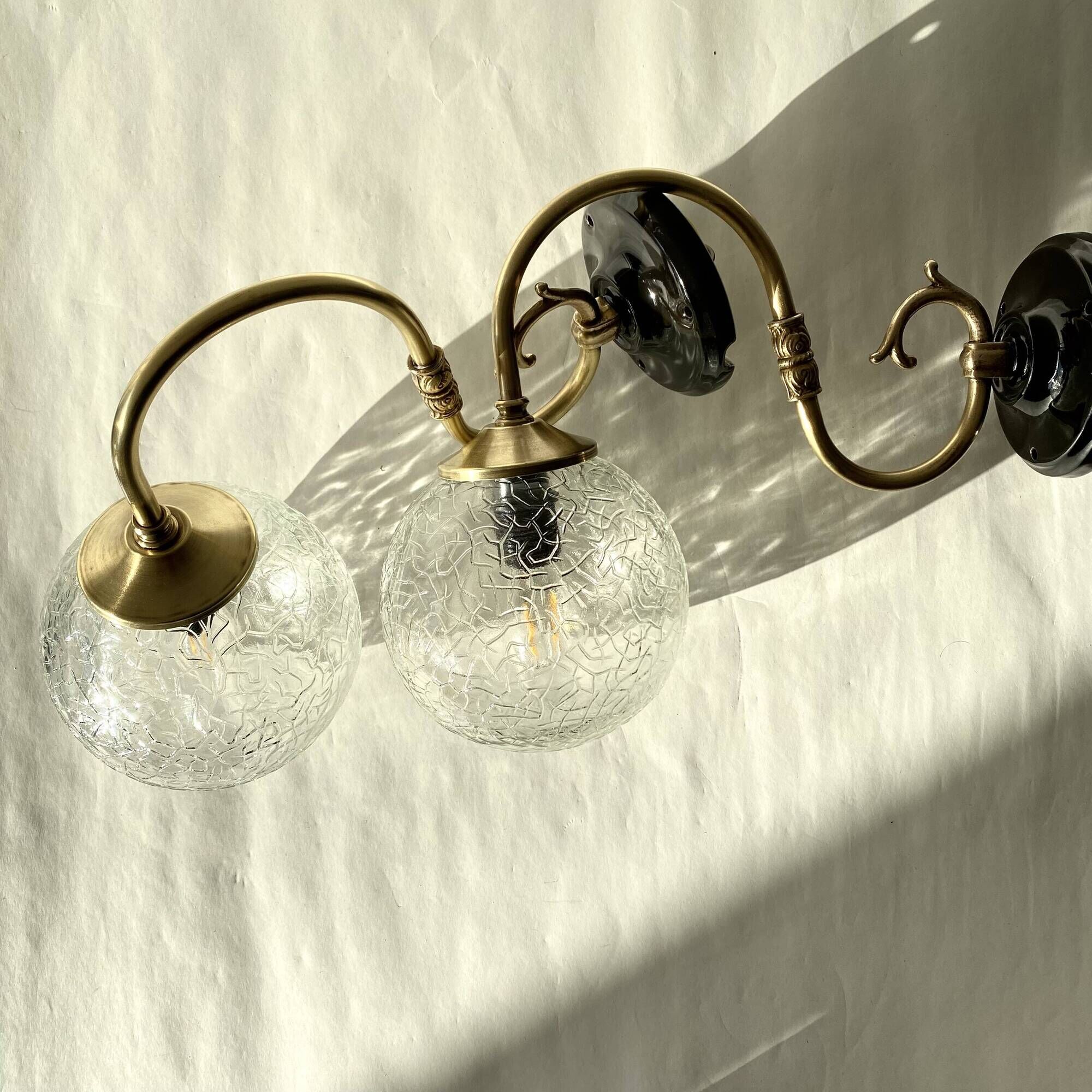 Large pair of brass swan neck wall lights with cracked glass globes LAMP-7359