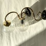 Large pair of brass swan neck wall lights with cracked glass globes LAMP-7359