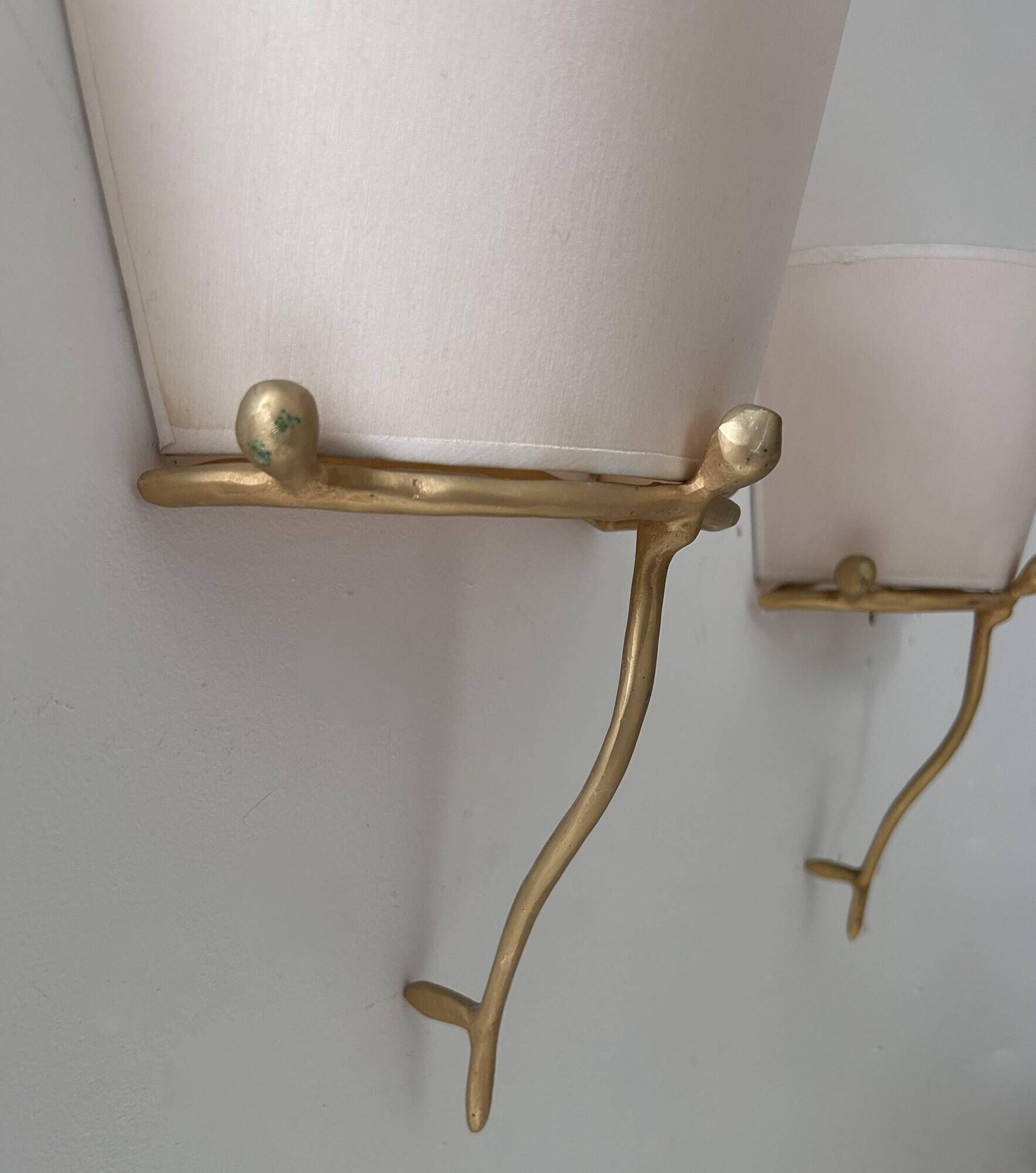 Pair of vintage wall lights, solid brass and ecru fabric, France 1980