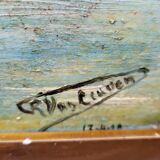 Peinture ancienne signée et datée, paysage animé, peinture à l’huile sur panneau de bois