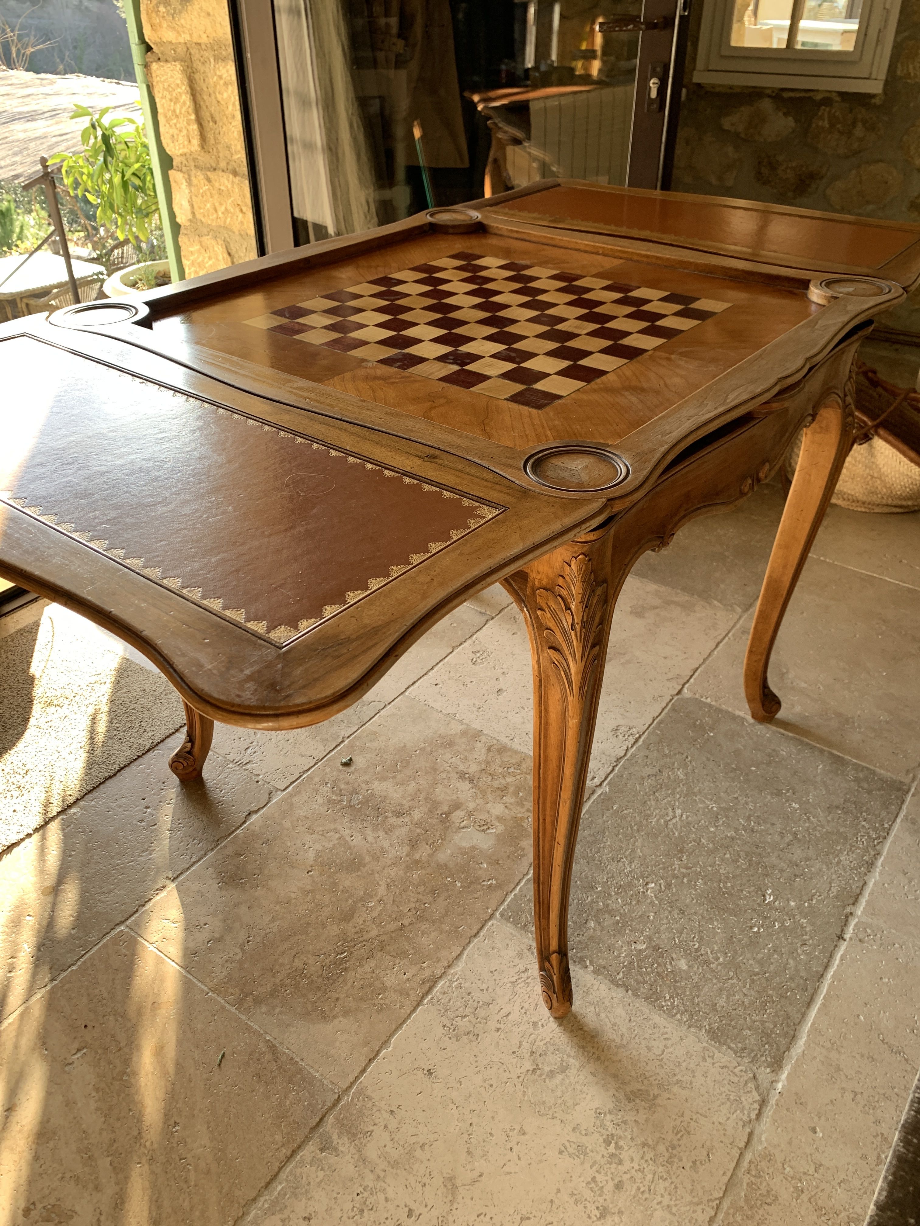 Beautiful extendable table drawers antique unique piece carved wood Chess Games art deco beautiful