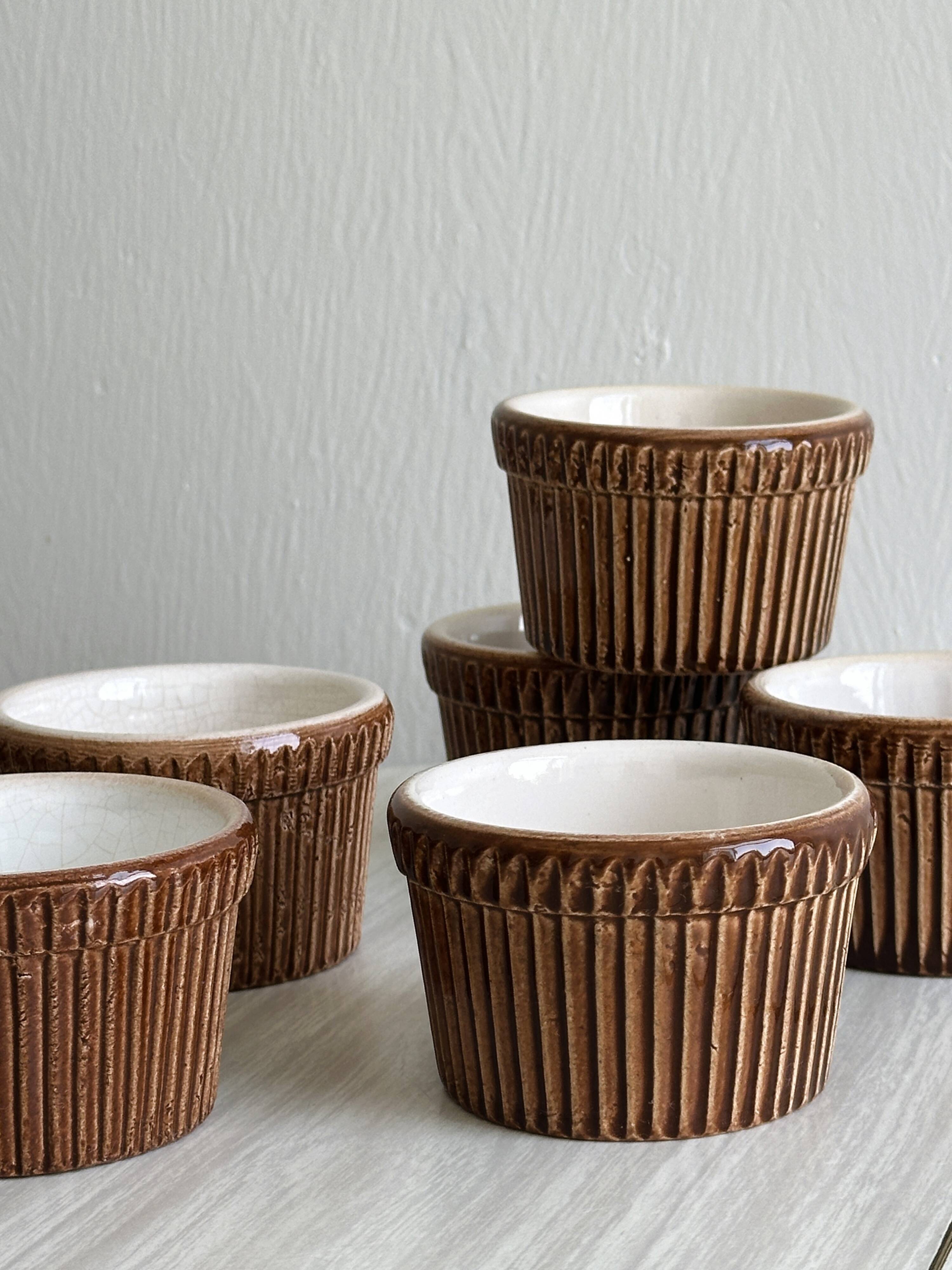 8 antique ceramic ramekins, brown finish