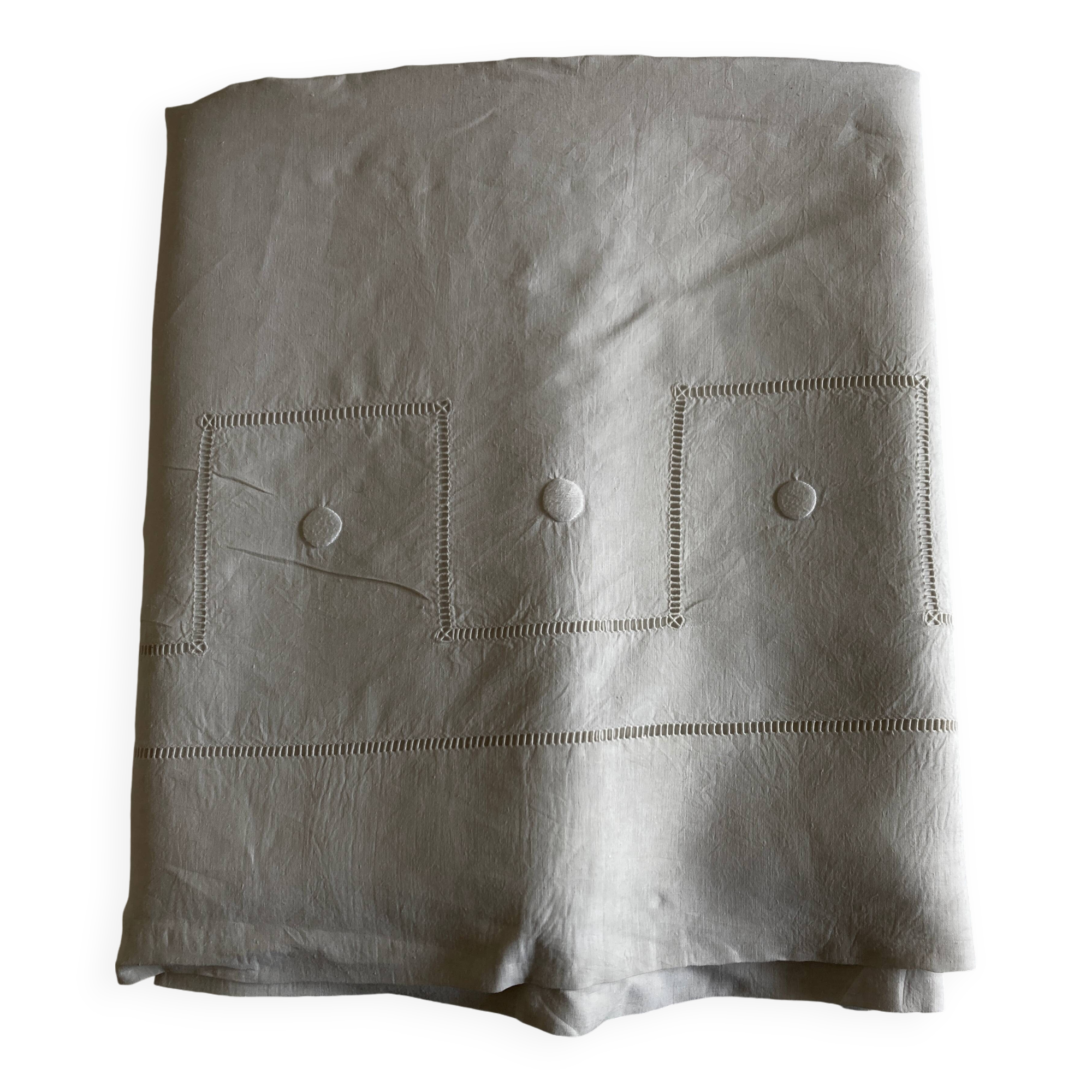 Modernist linen thread sheet 1940 embroidered with dots and openwork without monogram 240cm