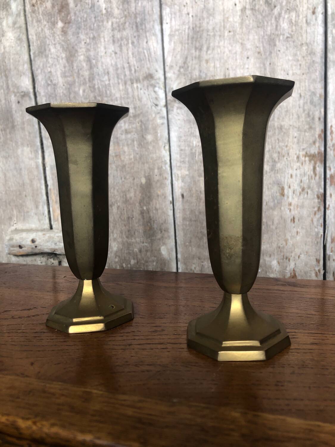 Pair of old art deco vases in vintage brass