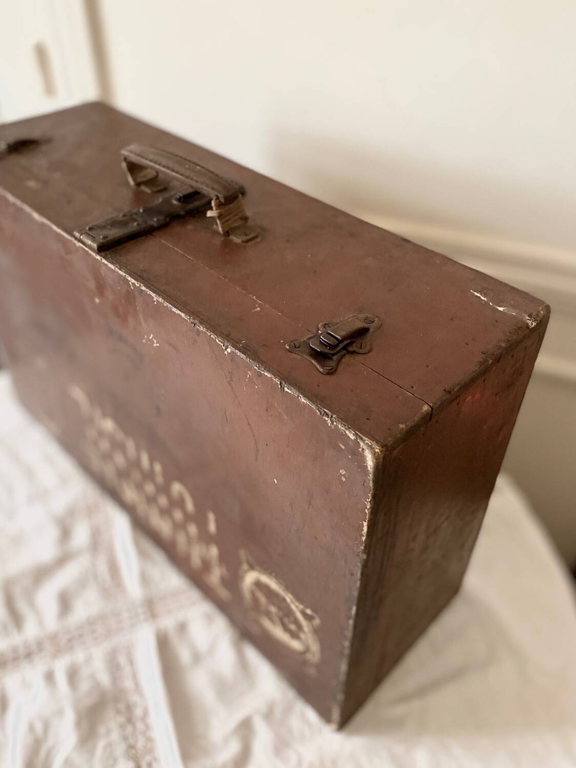 Large wooden trunk suitcase with Tunisia inscription