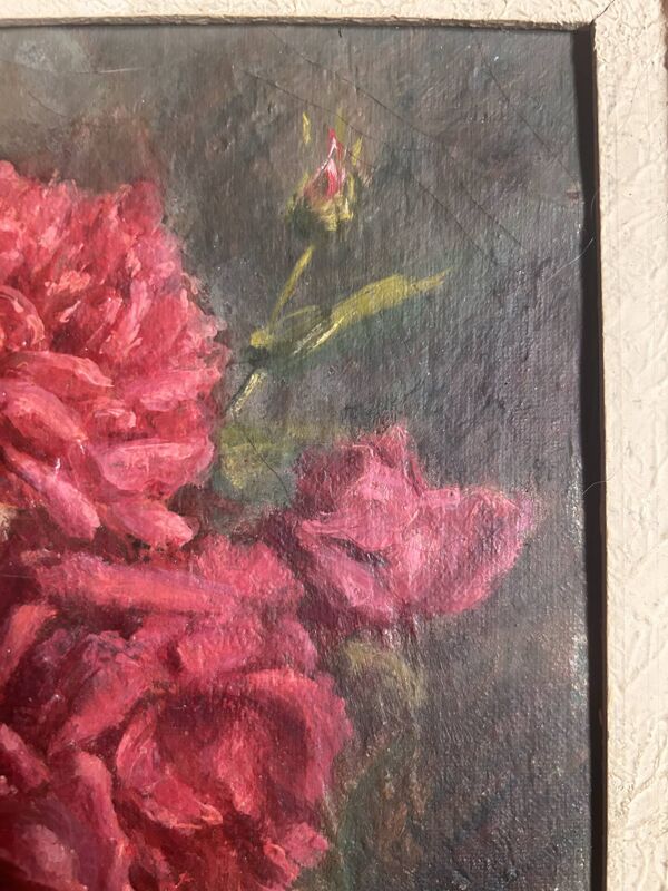 Tableau ancien Bouquet de roses ancien peinture à Huile , vers 1900 po