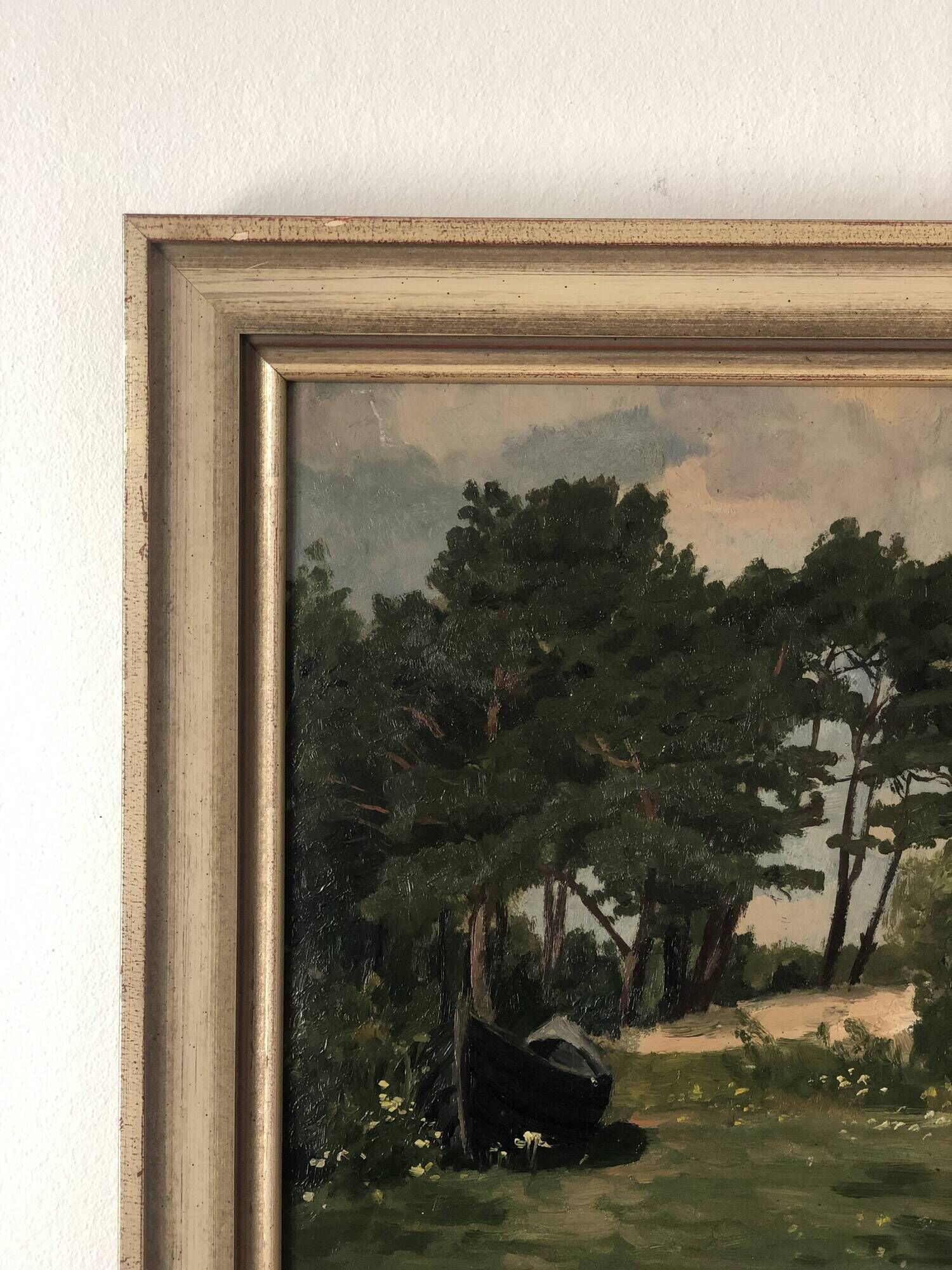 Vintage Original Landscape Oil Painting: Rowboat Nature Art
