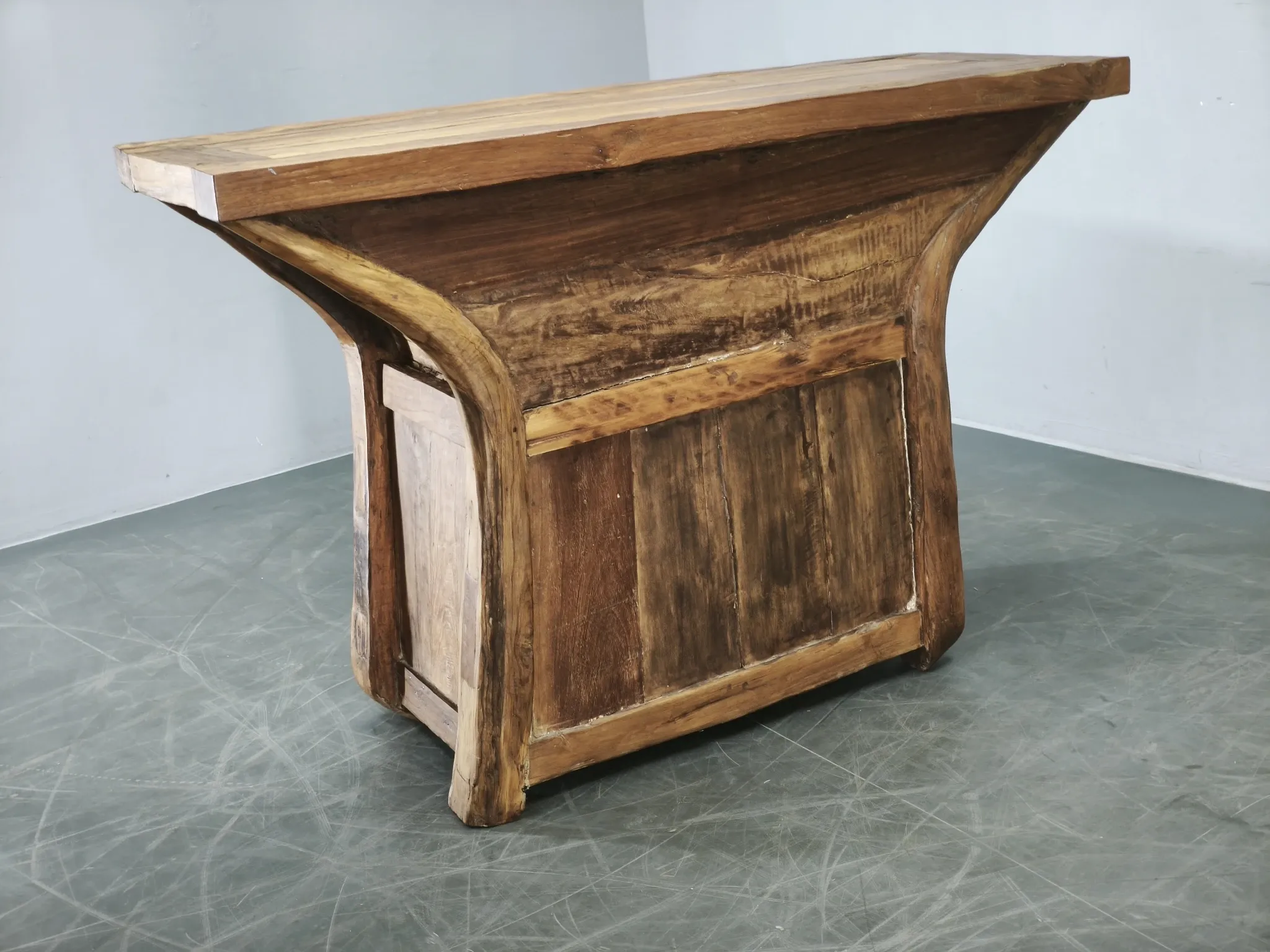 1970s Asian Rustic Solid Wood Console Table, Hand-Carved Primitive Sideboar