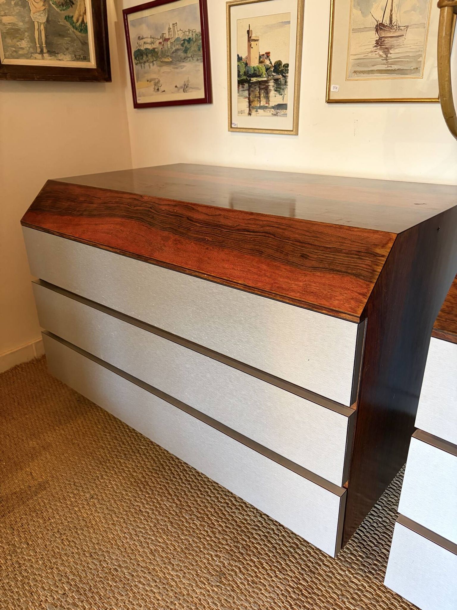 Pair of vintage rosewood and brushed aluminium chests of drawers