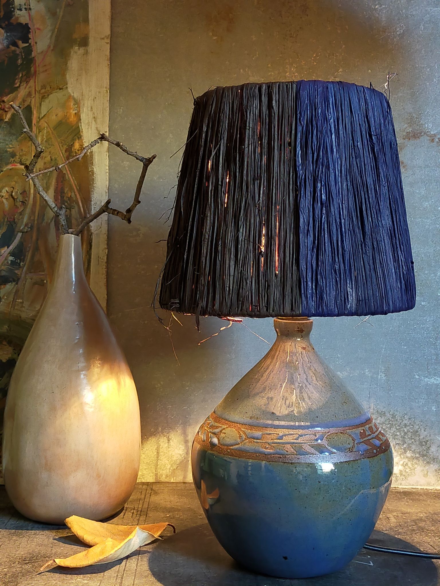 Vintage potter's ceramic table lamp, raffia lampshade