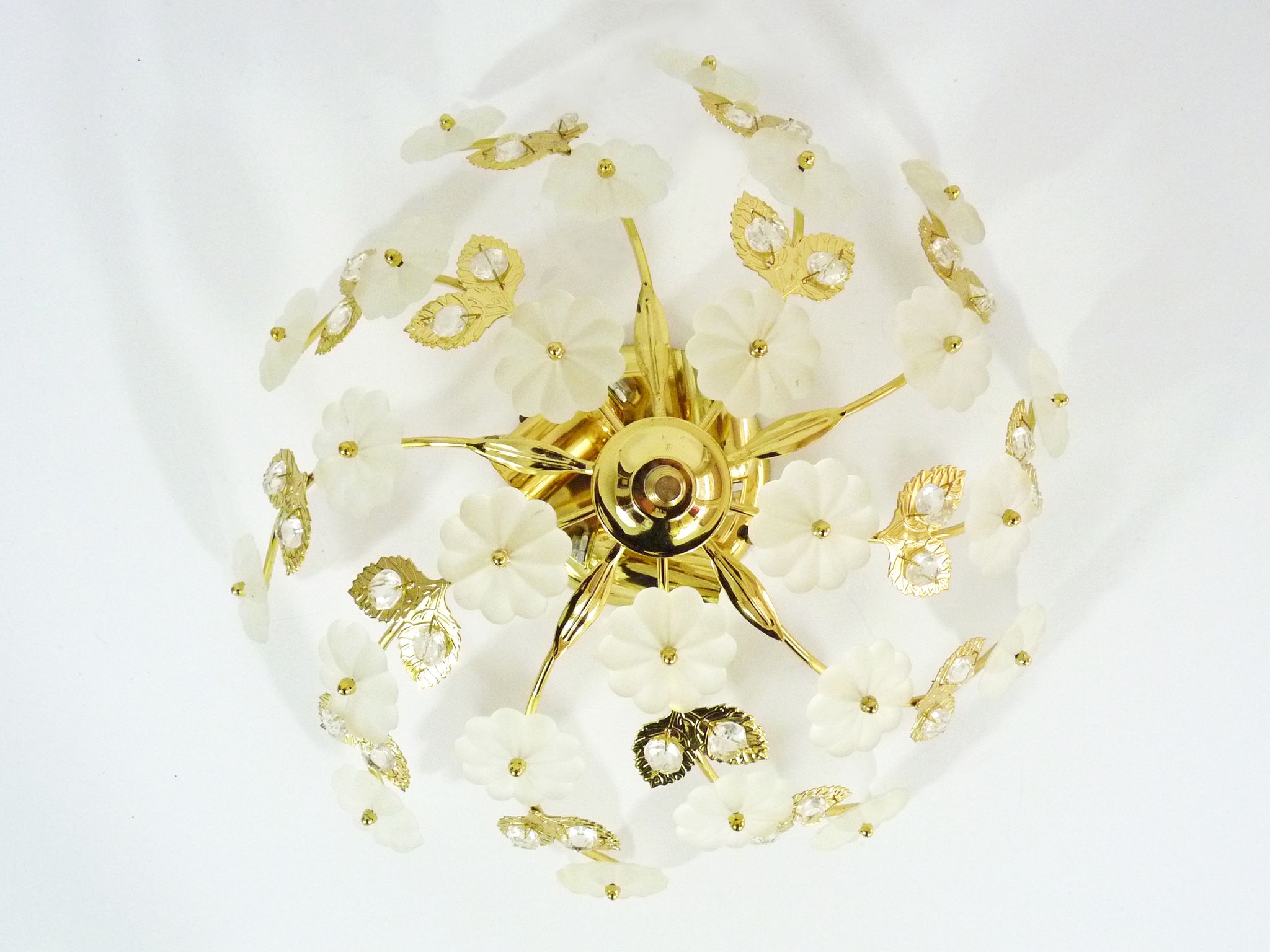 3-light gold metal and brass ceiling, white glass flowers and foliage 1970