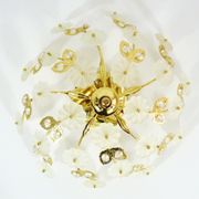 3-light gold metal and brass ceiling, white glass flowers and foliage 1970