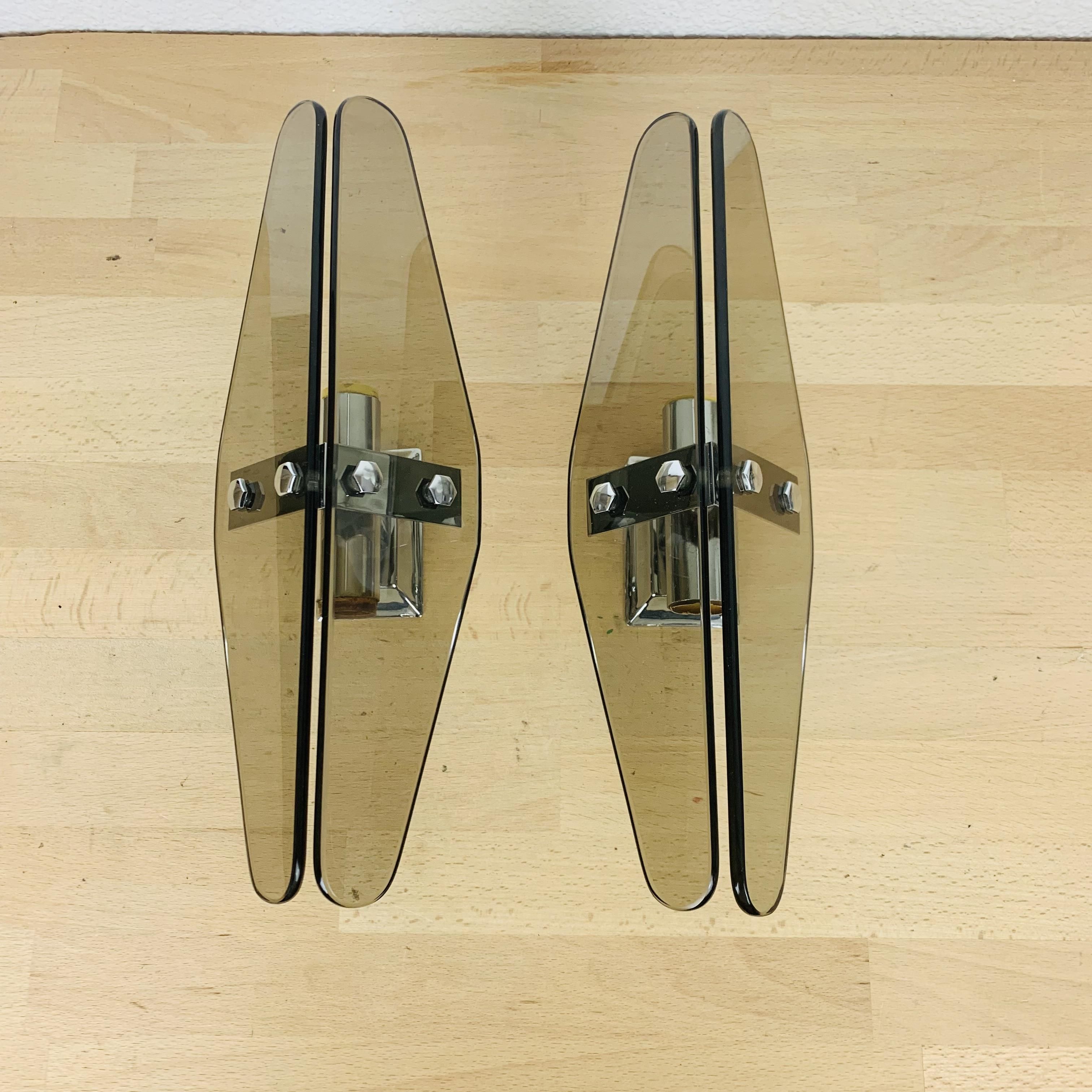 Pair of sconces smoked glass and chrome 70s