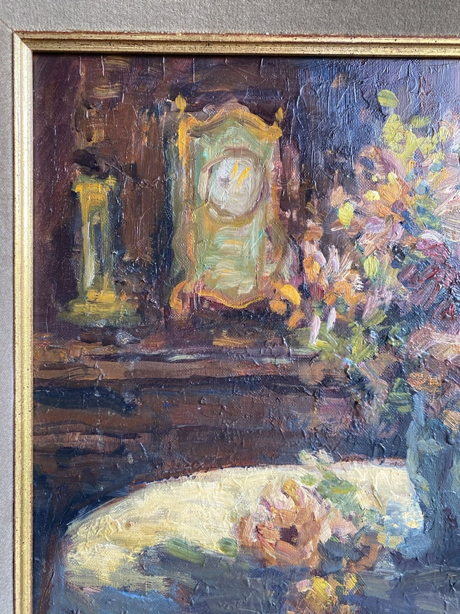 Ancient painting, Still Life with Flowers and Cartel Pendulum, signed, 20th century