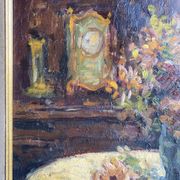 Ancient painting, Still Life with Flowers and Cartel Pendulum, signed, 20th century