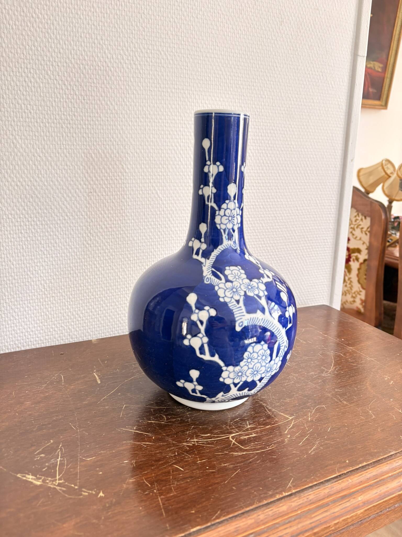 Ancient Blue Peking Bottle Vase China Chinese Prunus Flowers Qianlong